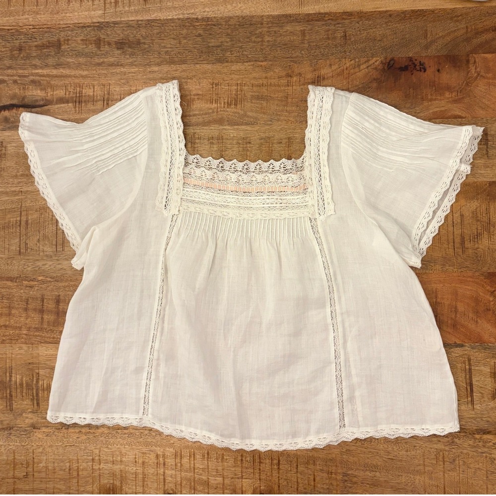 DOEN Ginger Top M Salt Lace Trim Pintuck Blouse Ramie Boho Cottagecore Prairie - Picture 9 of 13